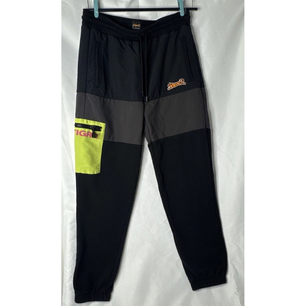 Le TIGRE Vintage Style Track Pants Lined Windbreaker Joggers Black Tiger Logo L
